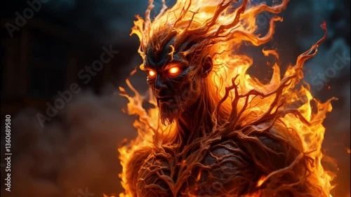 A terrifying demon covered in flames. The devil from a dark horror.