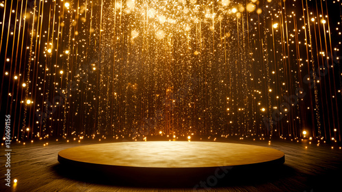 Golden Stage: Shimmering light cascades down on a round stage, creating a magical and elegant ambiance for events and performances.