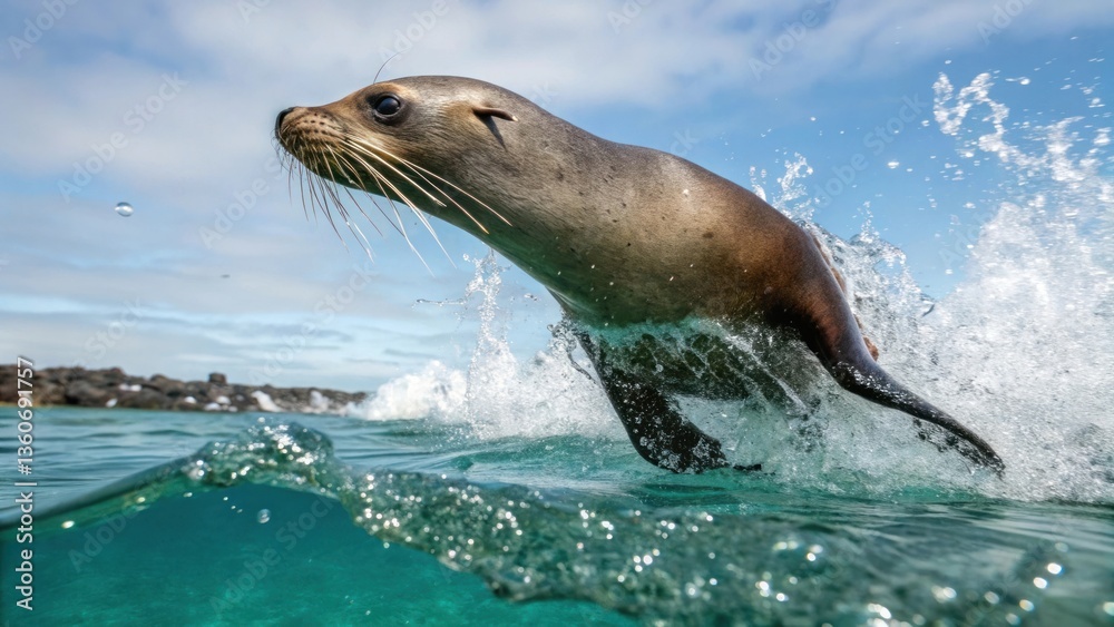 Fototapeta premium a sea lion leaping out of the ocean with water splashes and the horizon in the background