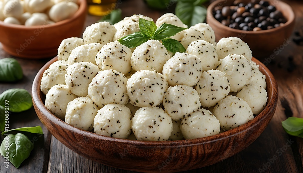 Fresh mozzarella cheese balls served in a wooden bowl for eating Fresh mozzarella cheese balls served in a wooden bowl for eating