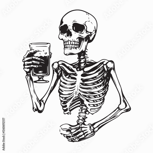 Skeleton holding a beer glass with both hands image vector isolated on white background.