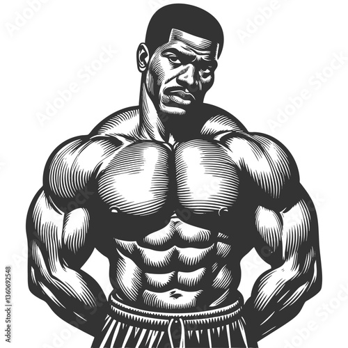 muscular bodybuilder striking a powerful pose, symbolizing strength, fitness, bodybuilding, and athleticism sketch engraving generative ai vector illustration. Scratch board. Black and white image.