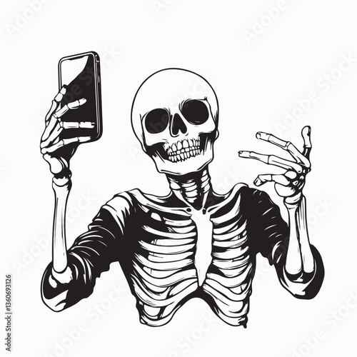 Skeleton Stylishly Posing with Smartphone to Take a Cool Selfie Photo in a Fun Vector Illustration