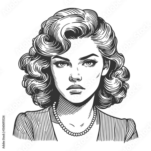 young woman with voluminous curls, strong gaze, and vintage-style dress sketch engraving generative ai fictional character vector illustration. Scratch board imitation. Black and white image.