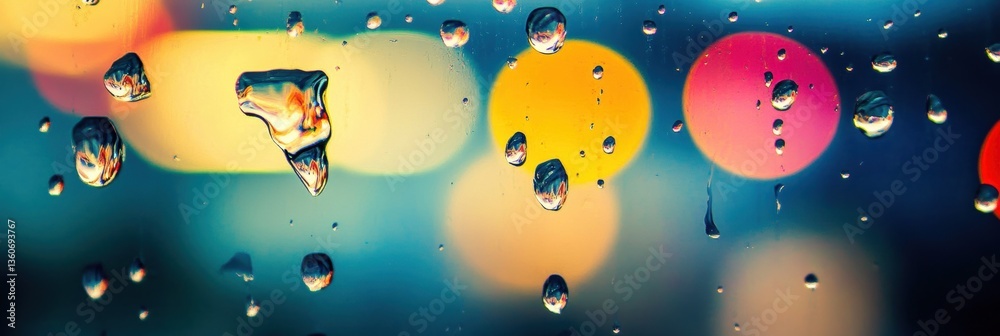 Rainy days in city. Waterdrops and light bokeh.