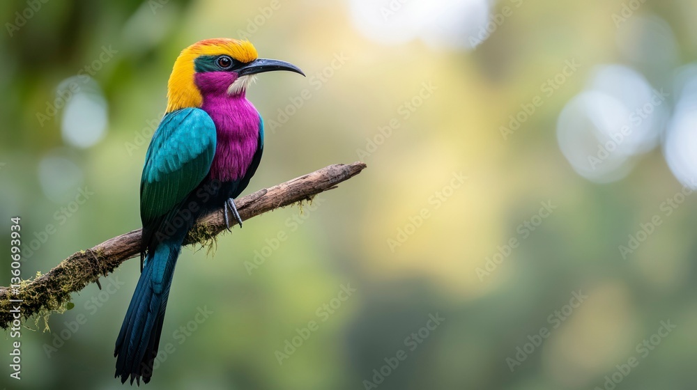 Obraz premium Colorful bird perched on a branch in a blurred natural background 