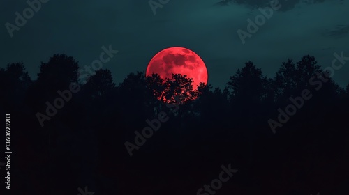Red moon rising over dark forest silhouette at night.