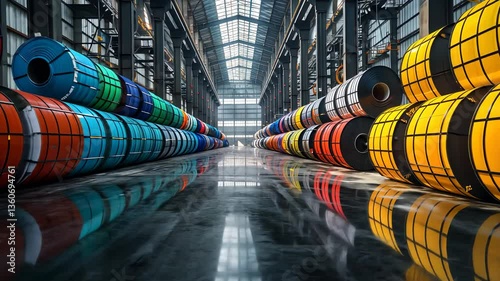 Vibrant Steel Coils in Industrial Warehouse