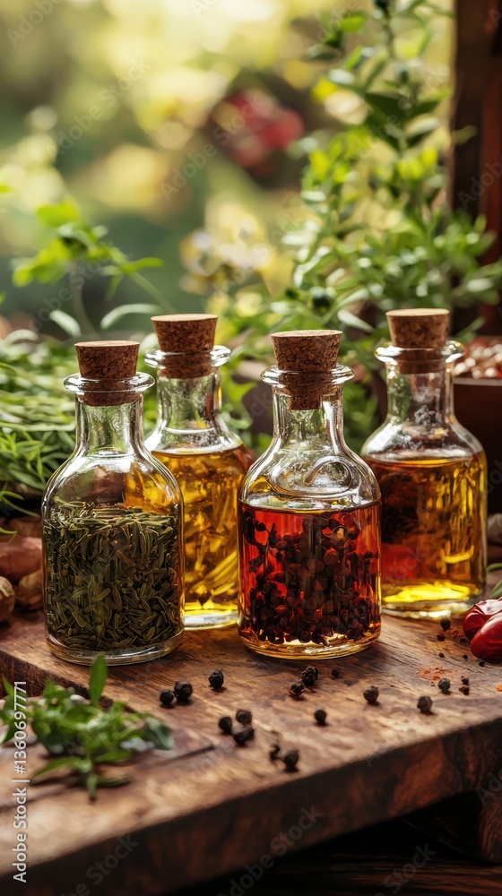 Rustic kitchen display of spices and infused oils Rustic kitchen display of spices and infused oils