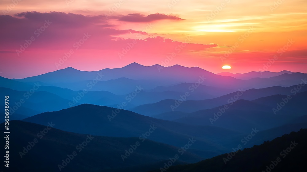 Vibrant sunset over layered mountain silhouettes. Vibrant sunset over layered mountain silhouettes.