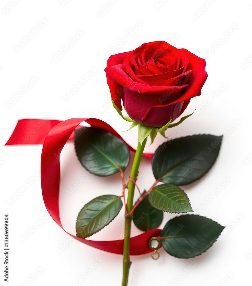 Obraz premium Single red rose with elegant ribbon, isolated on pure white backdrop, close-up, anniversary, floral