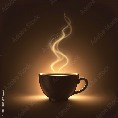 Steaming hot coffee cup illustration on warm brown background, cozy style, symbol of morning energy and comfort