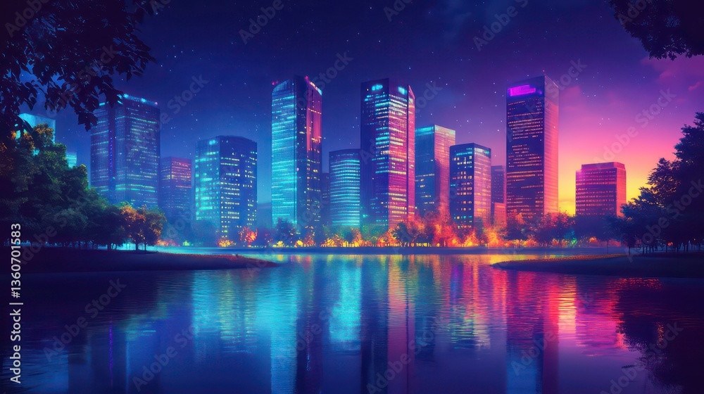 Fototapeta premium Modern city skyline at night. Tall office buildings illuminated by vibrant lights. Reflection of buildings on calm water. Park along the water edge. Peaceful urban landscape.