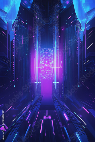 Glowing digital core in neon sci-fi chamber, symmetrical AI power node, futuristic technology energy concept