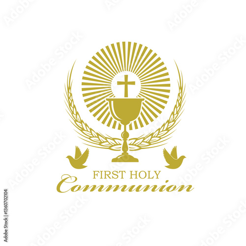 golden holy communion icon with chalice and wheat isolated on white background