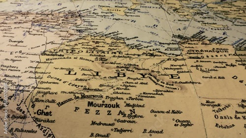 Libya Egypt old vintage paper map Cyrenaique Tripoli
Camera travels above an old paper vintage map of Africa