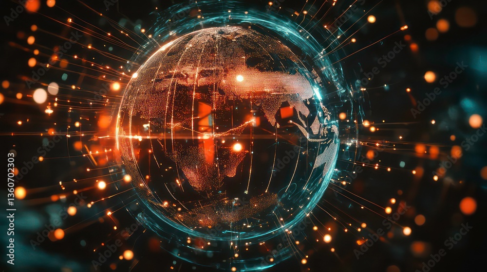 Obraz premium Global tech icon shows interconnected world. Globe represents global business connected by modern network lines, digital tech. Global communication represented. Digital transformation. Futuristic