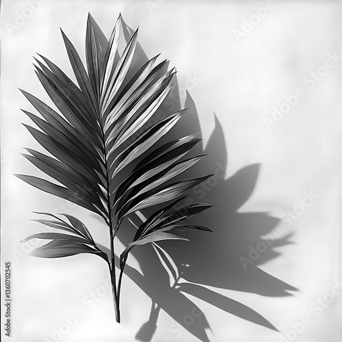 A detailed black and white photograph of a palm leaf