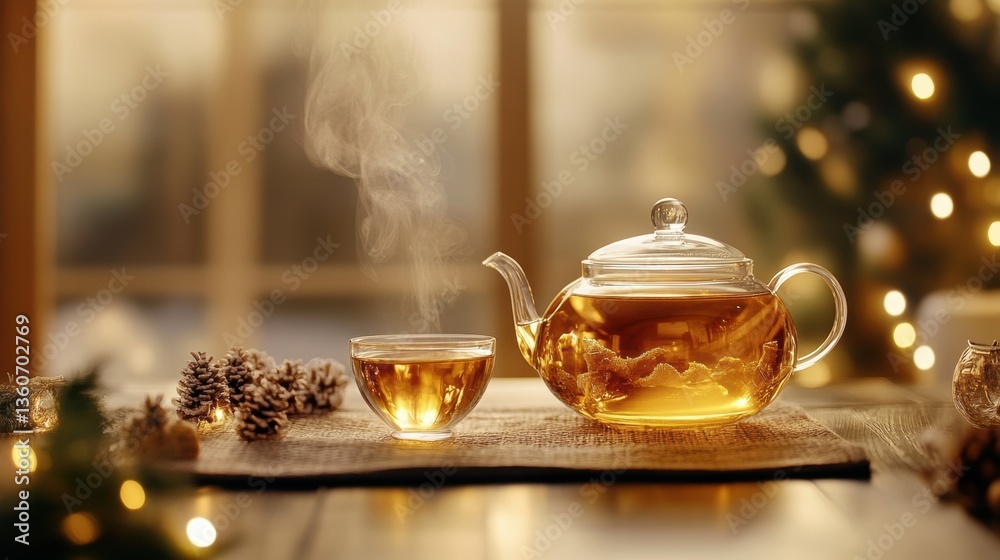 Fototapeta premium Hot tasty tea is served. Healthy drink. Relaxation.