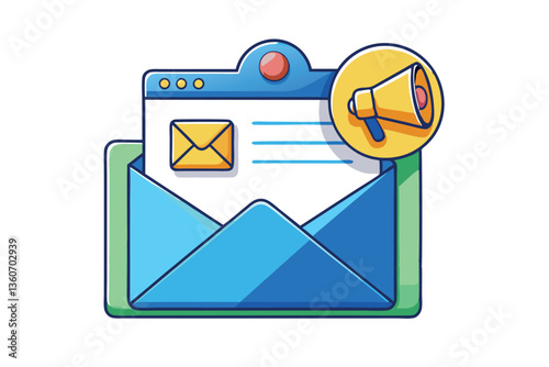 A vibrant digital illustration of an email notification with a megaphone and envelope, symbolizing alert messages and communication