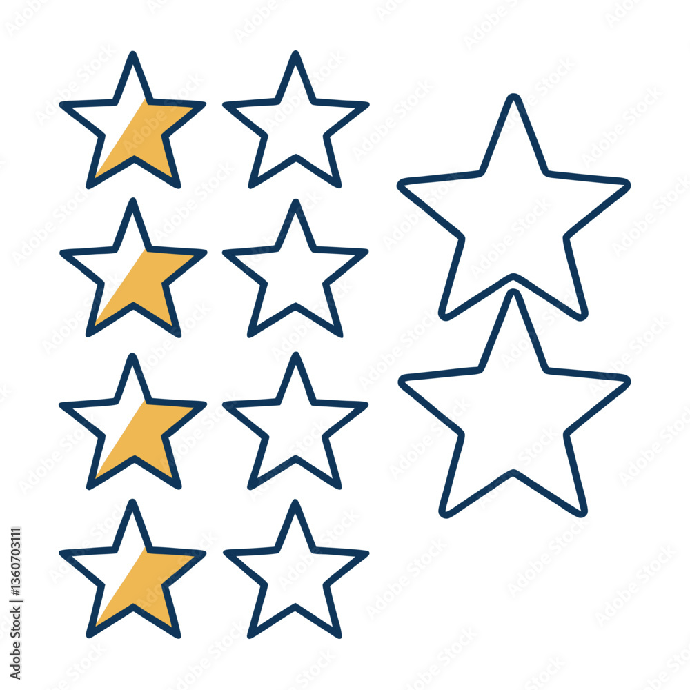 Five star rating system with gold stars and empty stars on a white background, representing reviews, ratings, or feedback evaluation concept
