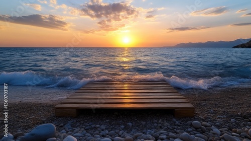 Coastal sunset serenity.  Wooden platform at beach