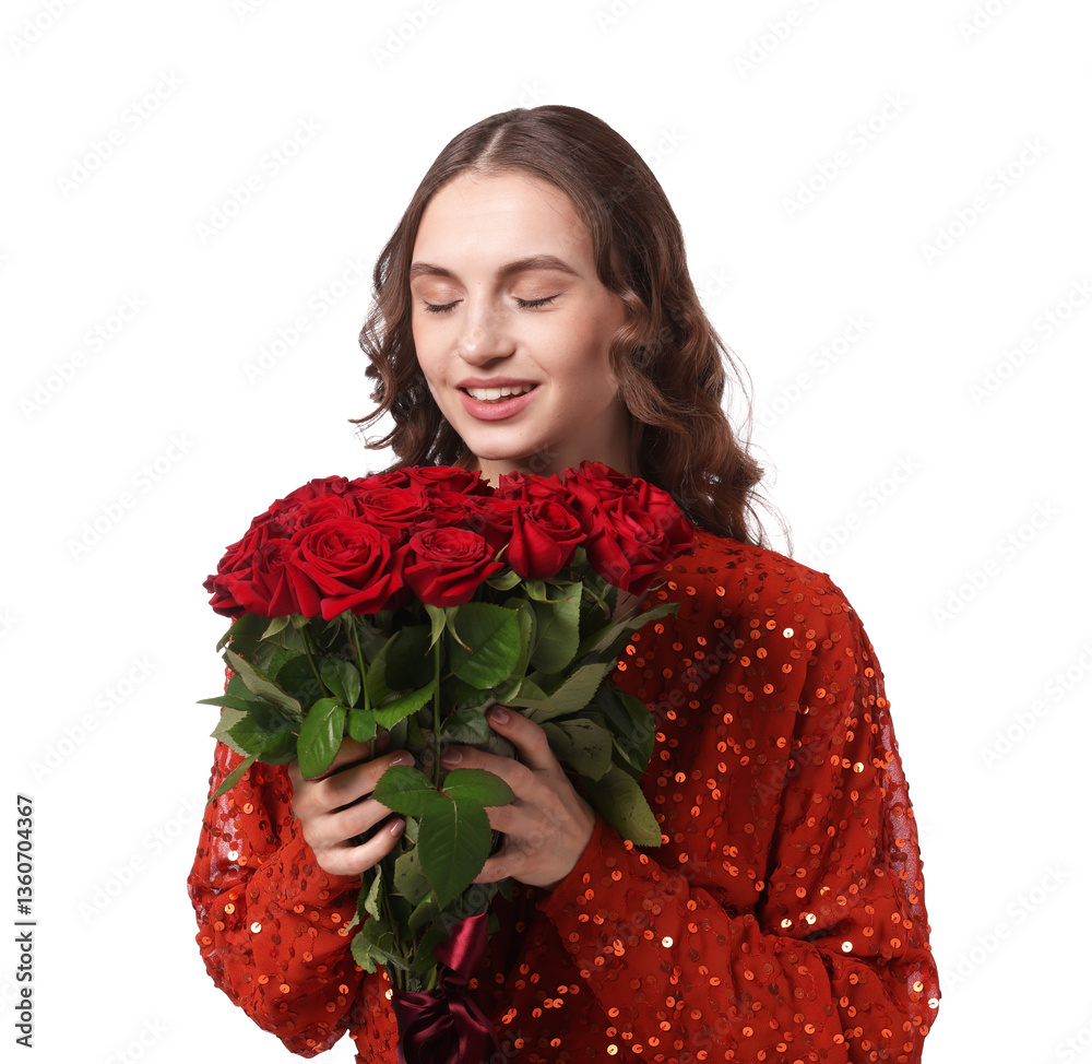 Smiling woman with bouquet of roses on white background Smiling woman with bouquet of roses on white background