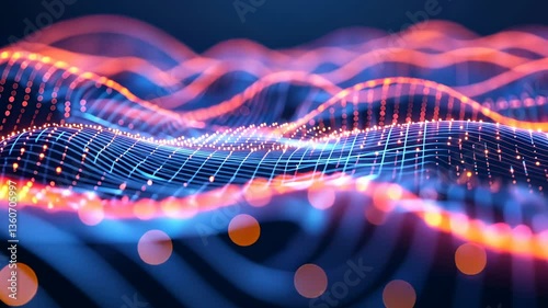 Abstract Digital Landscape:  Neon Waves of Data and Light