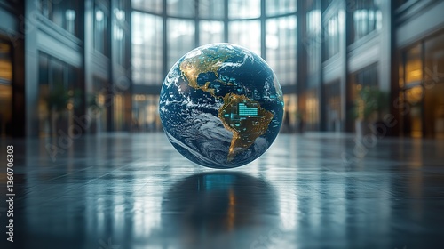 A digital twin of Earth, showing real-time sustainability data, including carbon reduction progress, green tech investments, and AI-driven climate solutions, floating in an