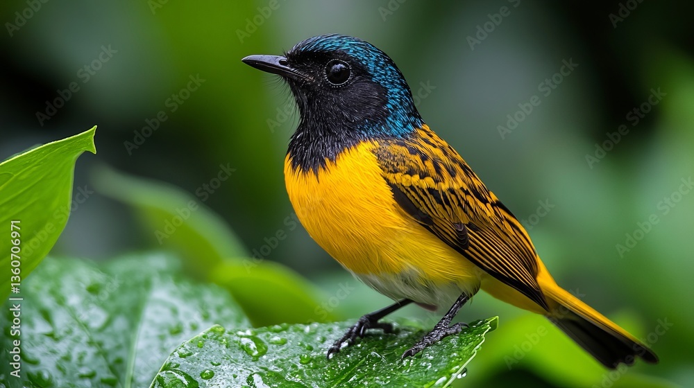 Fototapeta premium Vibrant Yellow and Black Bird Stunning Tropical Nature Photography Wildlife Exotic Bird Beautiful Feathers Detailed Closeup Vivid Colors Lush Green 