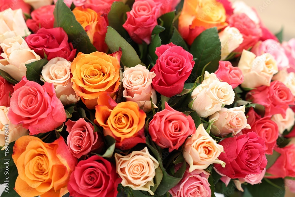 Fototapeta premium Beautiful bouquet of colorful roses, closeup view