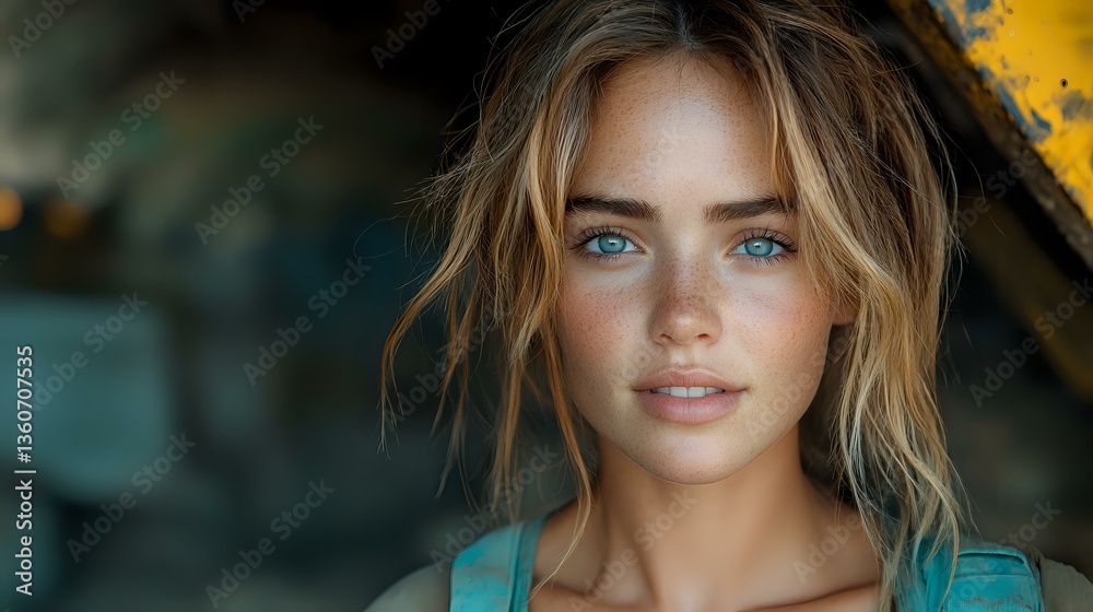 Young Caucasian woman with blue eyes and freckles wearing turquoise top, messy blonde hair, natural makeup look against blurred background. Soft lighting portrait captures genuine expression. Young Caucasian woman with blue eyes and freckles wearing turquoise top, messy blonde hair, natural makeup look against blurred background. Soft lighting portrait captures genuine expression.