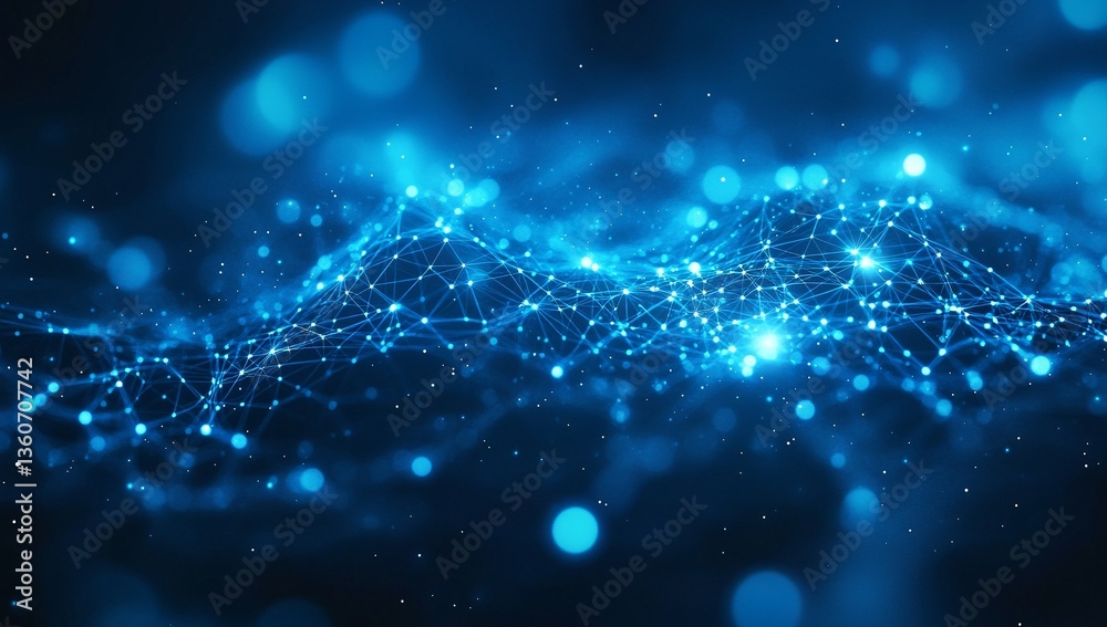Obraz premium Abstract digital network connection. Futuristic blue glowing lines and dots forming a wave pattern. Concept of global communication and technology.
