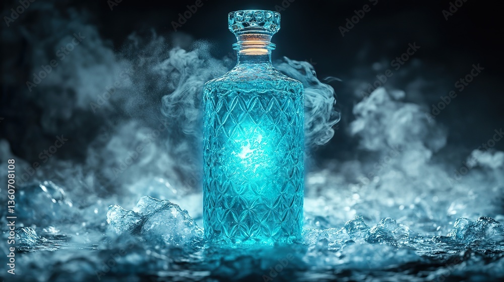 A crystal-clear bottle filled with a vibrant turquoise drink, releasing glowing mist that freezes the air around it. A crystal-clear bottle filled with a vibrant turquoise drink, releasing glowing mist that freezes the air around it.