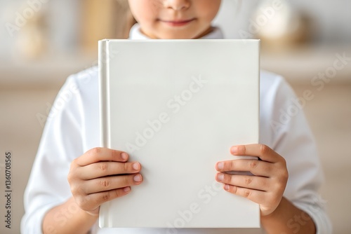 Child holding blank white book mockup. Realistic hardcover template for children's book design or editorial presentation. 