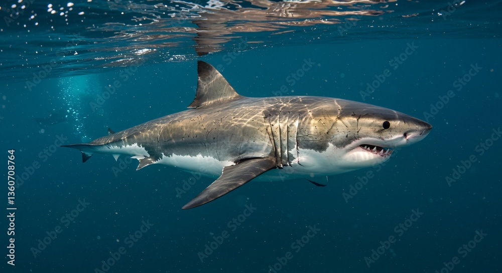 Fototapeta premium A large great white shark swimming underwater through ocean water