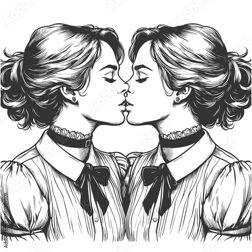 woman kissing her mirrored reflection. Elegant and surreal artwork with intricate line details sketch engraving generative ai vector illustration. Scratch board imitation. Black and white image.