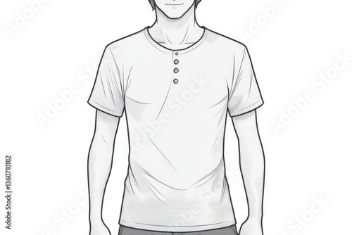 Black and white manga style drawing of young asian male in casual shirt