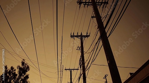 Urban infrastructure at twilight: Telegraph poles and wires against an overcast sky