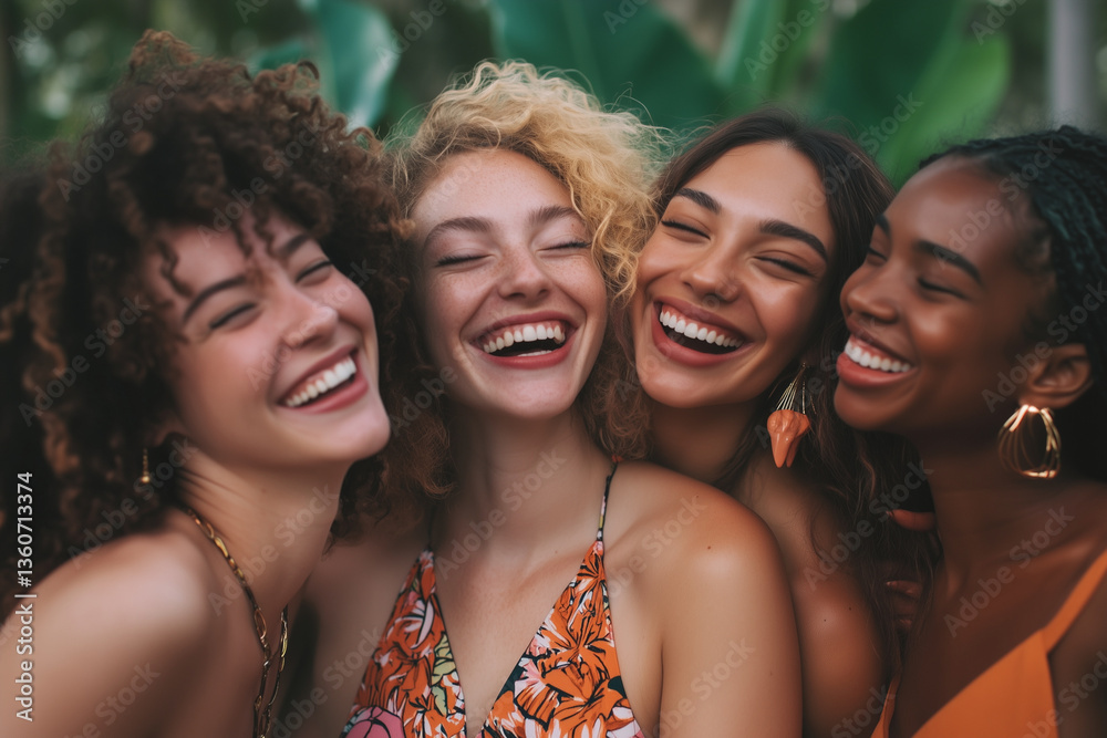 Obraz premium Four women with curly hair are smiling and laughing together. They are wearing colorful outfits and earrings. Scene is happy and joyful