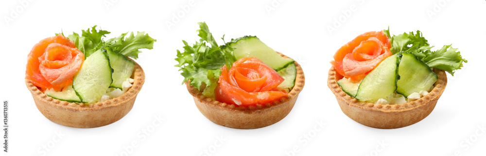 Tartlet with delicious filling of salmon, cucumber and cream cheese isolated on white, collage Tartlet with delicious filling of salmon, cucumber and cream cheese isolated on white, collage