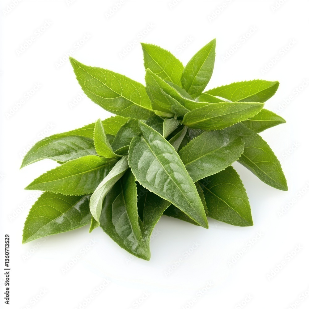 Fresh green tea leaf closeup view.