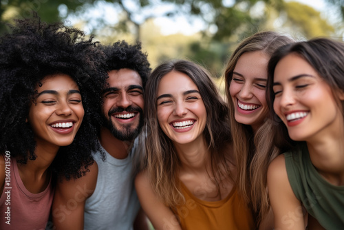 group of people are smiling and laughing together. Scene is happy and joyful