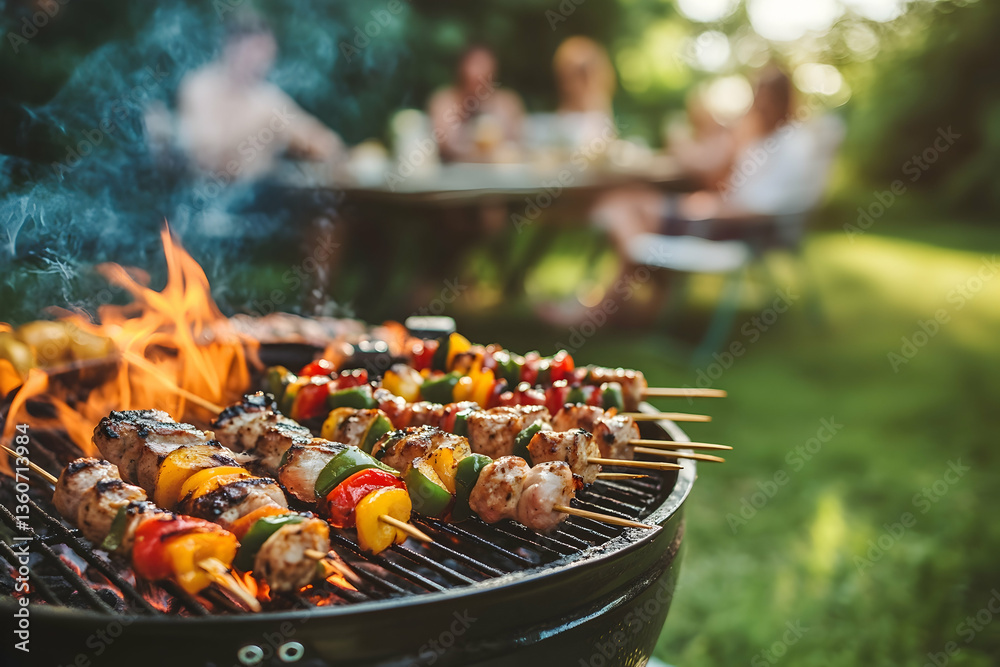 Barbecue skewers grilling with people in background Barbecue skewers grilling with people in background