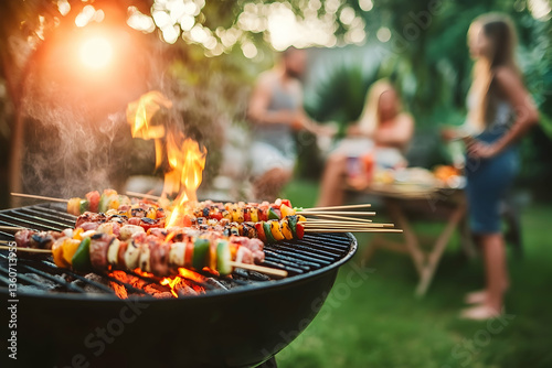 Grilling skewers on a barbecue with people in yard