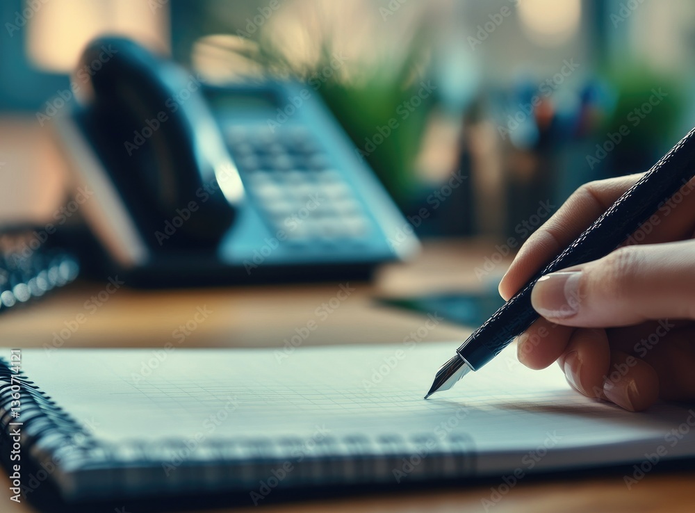 Fototapeta premium Person Writing on Notepad with Fountain Pen at Office Desk