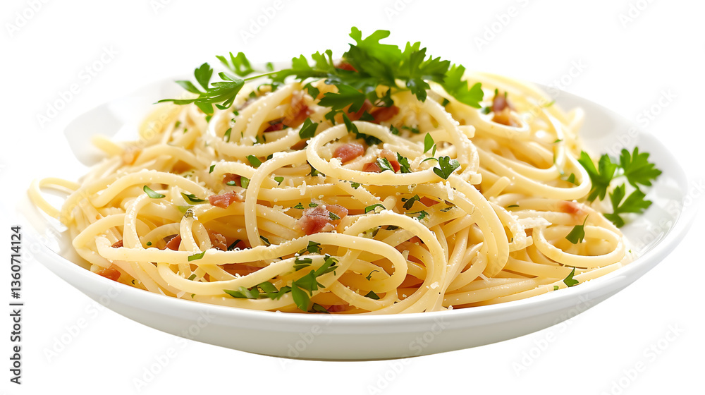 Delicious Spaghetti Carbonara with Fresh Herbs and Crispy Bacon Bits Served on a White Plate Delicious Spaghetti Carbonara with Fresh Herbs and Crispy Bacon Bits Served on a White Plate