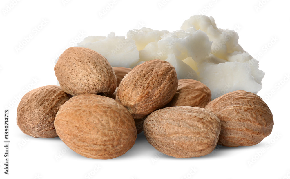 Natural shea butter and nuts isolated on white Natural shea butter and nuts isolated on white