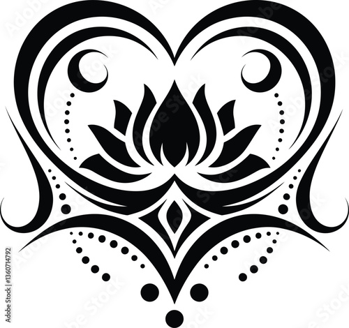 Tribal Lotus Heart Tattoo Design – Sacred Geometry, Spiritual Symbol, Vector illustration
