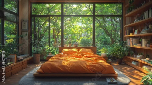 A cozy bedroom with an orange bedspread and large windows showcasing a lush green garden. Seamless looping 4k video background 